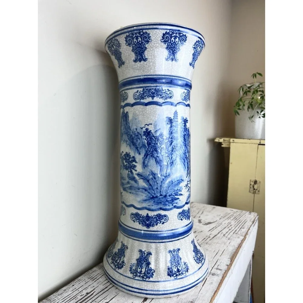Vintage Mid Century Pedestal Shan Shui Pattern Mountain River Blue White Crazed
